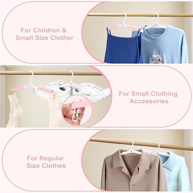 Foldable Travel Hangers for Cruise, 6 Pack Portable Collapsible Hangers with Clips, Folding & Space-Saving Suitcase Hangers for Travel, (Pink-White)