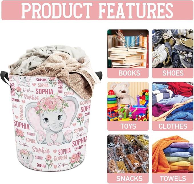 Elephant Laundry Basket,Personalized Laundry Hamper for Boys Girls,Custom Laundry Basket With Name, Customized Dirty Clothes Hamper for Bathroom Bedrooms,M-19.5"X 15.7"
