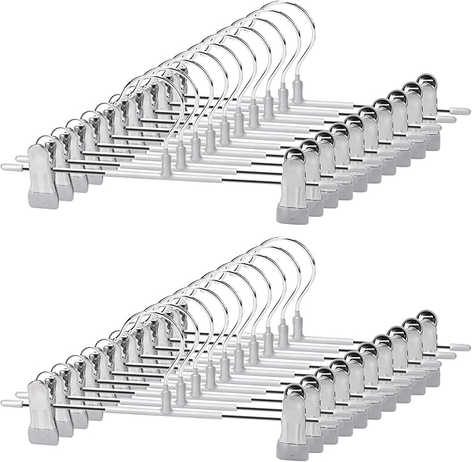 20 Pack Pants Hangers with Clips Adjustable Skirt Hangers for Women Non-Slip Trousers Hanger Heavy Duty Space Saving Shorts Hangers