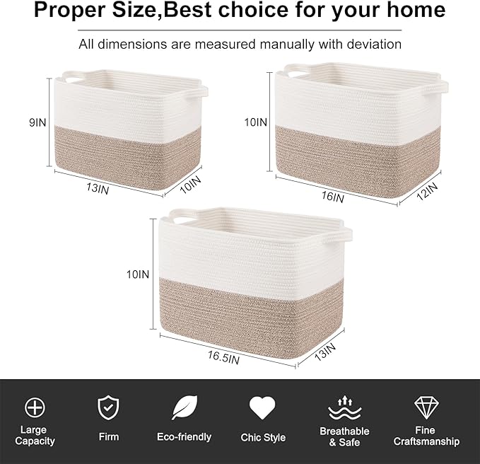OIAHOMY Woven Storage Basket for Shelves, Rectangle Cotton Rope Baskets for Organizing, 16.5 x 13 x 10 in, Storage Bins for Dog Toys,Towel,Books,Gift,Brown and White