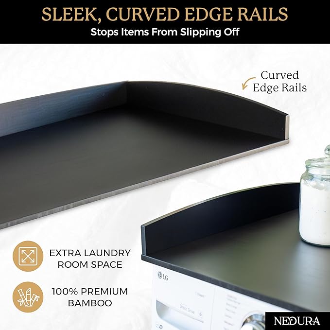 Nedura Washer Dryer Countertop w/Anti-Vibration Pads & Curved Edge Rails, Premium Bamboo Laundry Countertop, Washer Dryer Topper, Laundry Room Organization, Laundry Accessory, Designed in USA - Black
