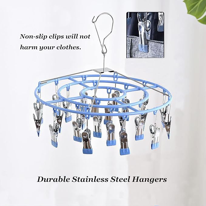 Stainless Steel Clothes Sock Drying Rack with 24 Clips, Swivel Hook Windproof Clothes Hanger Rack for Sock, Bras, Towel, Underwear, Laundry Clothes, Hat, Scarf, Pants, Gloves (Blue Clips)