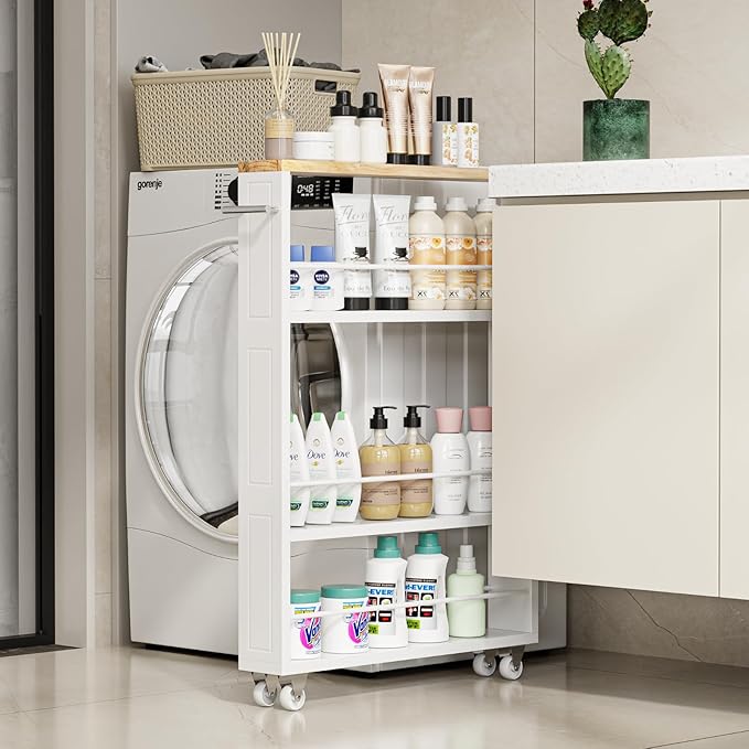 KLM 4 Tier White Slim Storage Cart with Handle, Slide Out Storage Rolling Utility Cart for Kitchen, Laundry, Narrow Places