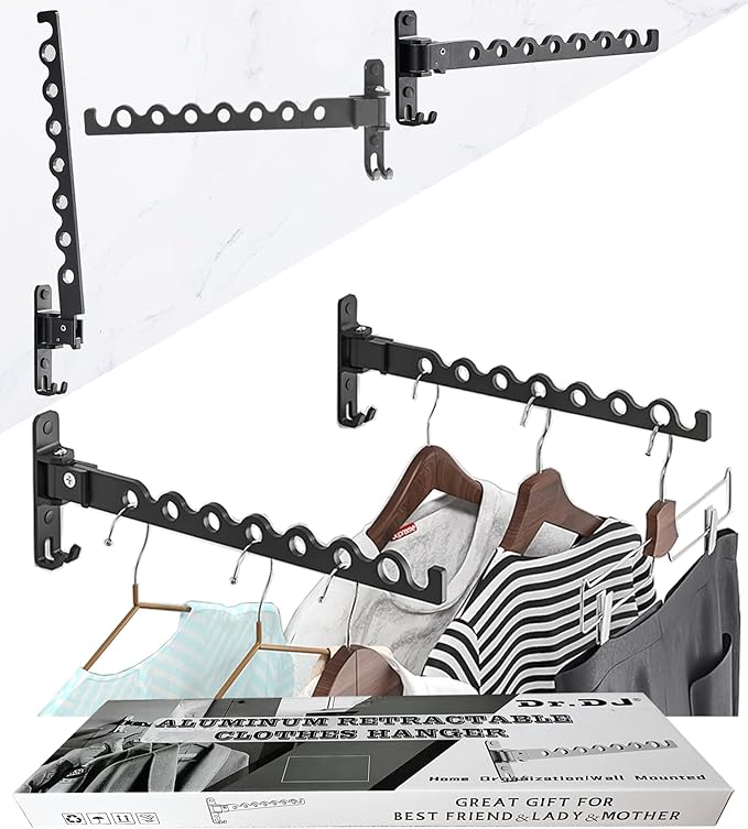 Dr.DJ Wall Mount Coat Hanger Rack, Laundry Clothes Drying Organizer Aluminium Retractable Folding Indoor Wall Mounted Hanger Space Saver for Laundry Room Bedroom (2 Racks) Black