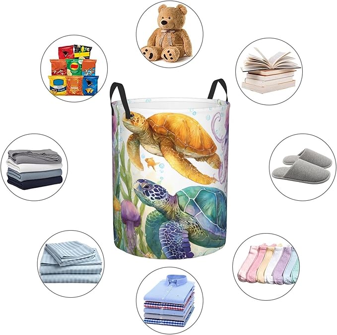 Sea Turtle Laundry Hamper, Collapsible Storage Basket with Handles for Clothes, Bedroom, Bathroom 19.6 x15.7 Inch