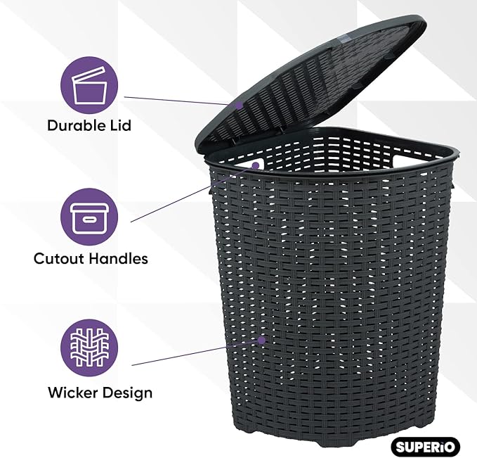 Plastic Corner Laundry Hamper with Lid, Curved Designed Laundry Basket, 2 Pack Triangle Grey Cloths Hamper Organizer with Cut-out Handles for Laundry Room Bedroom Bathroom, Wicker Design, 50 Liter