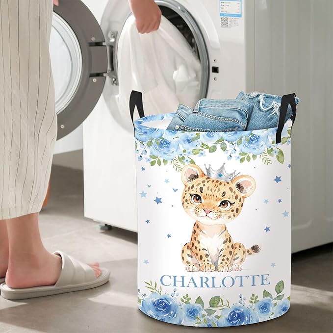 Personalized Laundry Basket for Kids Boys Girls Adults, Custom Name Lion Laundry Baskets for Nursery, Customize Blue Laundry Hamper, Personalized Gift with Baby Name 2 Sizes