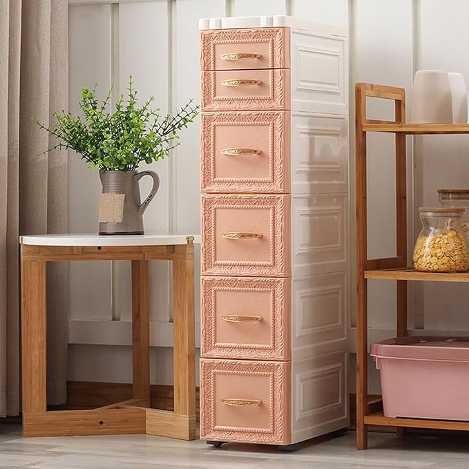 6 Drawers Narrow Storage Cabinet with Wheels,Slim Floor Cabinets,Rolling Organizer Cart for Small Spaces,Pink