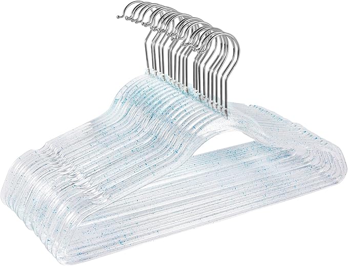 Clear Plastic Hangers 20 Pack - Non-Slip with Blue Glitter - Lightweight and Space Saving for Closet Organization, Perfect for Weddings.