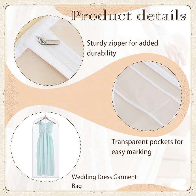 Fabbay 4 Pcs 72'' Wedding Dress Garment Bag Large Bridal Wedding Gown Dress Storage Bag Protective Breathable Hanging Clothes Cover Anti Dust for Prom, Evening Gowns, XV Dresses