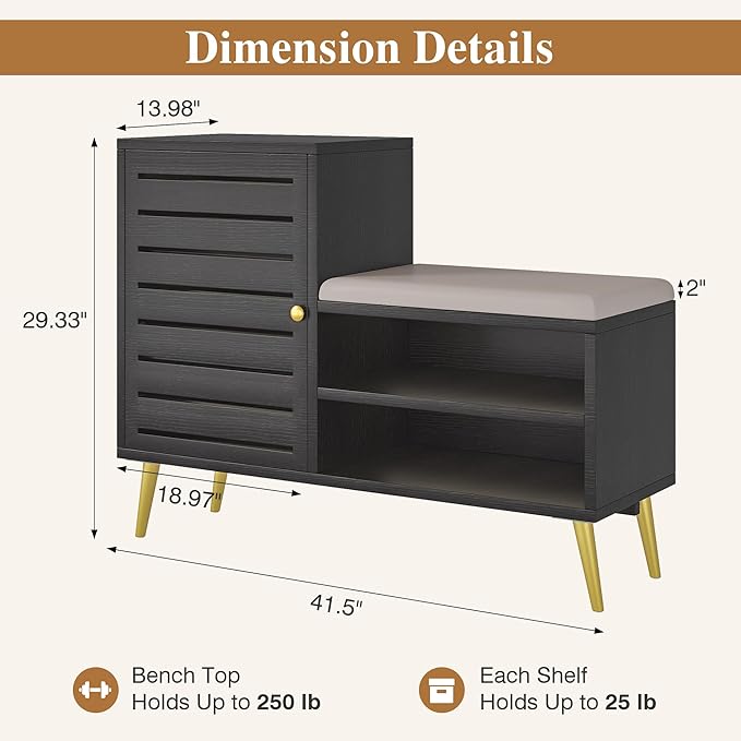 VECELO Shoe Storage Bench with Door&Shelf, Entryway Bench with Seat Cushion, for Hallway, Bedroom, Living Room, L-Shaped, Black
