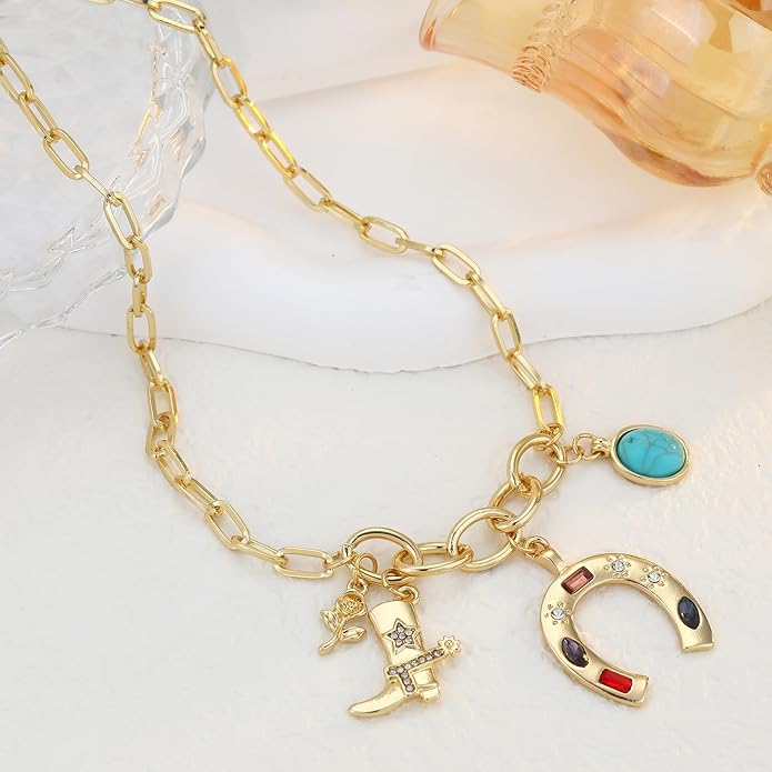 Chunky Gold Necklace for Women Gold Evil Eye Cowboy Pendant Necklace Dainty Paperclip Chain Vintage Luck Amulet Choker Necklaces Celestial Jewelry Gift