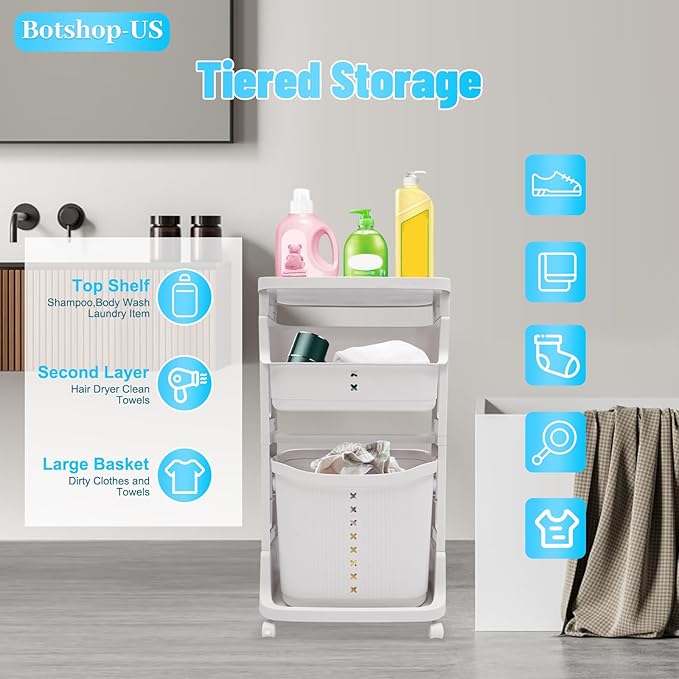 Laundry Hamper Basket, 2-Tier 3 Baskets Removable Basket Cart with Wheel, Dirty Clothes Storage Organizer Shelf, Plastic Stackable Washing Clothes Sorter for Bathroom, White