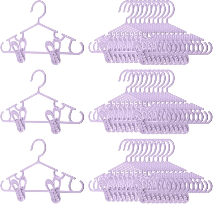 Hsei 5/10/40 Pack Baby Hangers with 10/20/80 Clips, Plastic Kids Pants Hangers for Nursery Closet Top and Bottom Clothes Hanger Set for Newborn Infant Toddler(120 Packs Total,Purple,10.6 Inch)