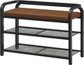 Shoe Bench with Backrest, Entryway Bench, 2-Tier Shoe Rack with PU Padded Seat, Upholstered Shoe Storage Bench with Back, for Hallway, Entryway, Foyer, Bedroom, Brown and Black HX04BV