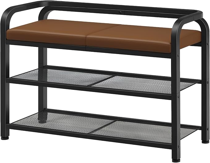 Shoe Bench with Backrest, Entryway Bench, 2-Tier Shoe Rack with PU Padded Seat, Upholstered Shoe Storage Bench with Back, for Hallway, Entryway, Foyer, Bedroom, Brown and Black HX04BV
