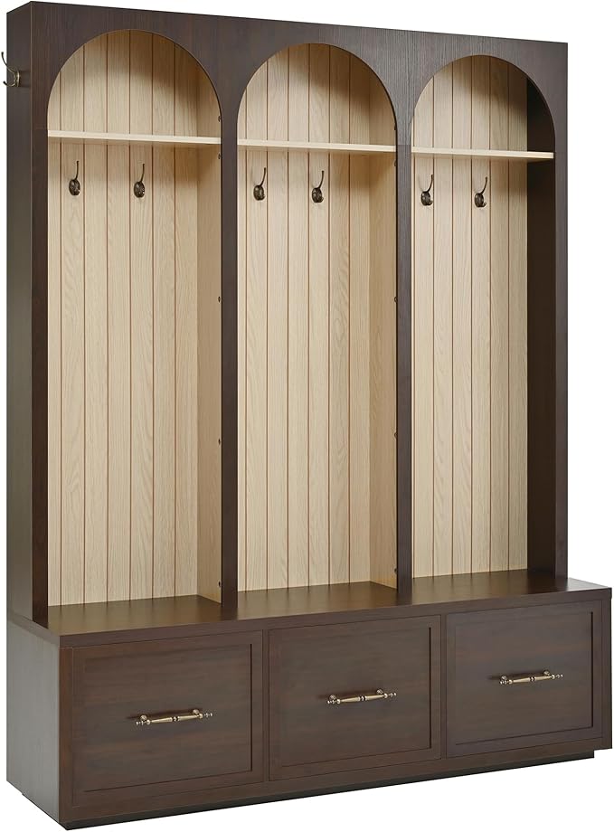 Farmhouse Hall Tree with Three Arched Design, All-in-One Design Wooden Coat Rack & Shoe Organizer with 3 Drawers, 59" Wide Entryway Bench with 8 Retro Hooks for Mudroom, Living Room (Dark Walnut//538)