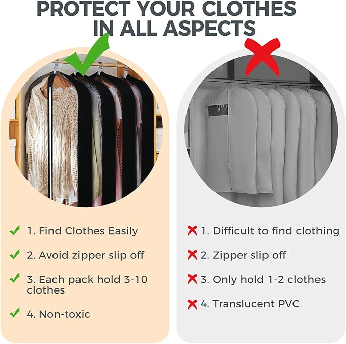 6 Pcs 40" Garment Bags for Hanging Clothes, Clear Suit Bags for Closet Storage Clothing Storage, Garment Bags Shoulder Covers with 4" Gussets for Coats, Jackets, Shirts and Sweater, Black