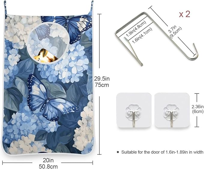 Blue Hydrangea and Butterfly Door Hanging Laundry Hamper Bag with Free Adjustable Stainless Steel Hooks Dirty Clothes Hamper Extra Large Over the Door Laundry Hamper 29.5X20inch 2Pack