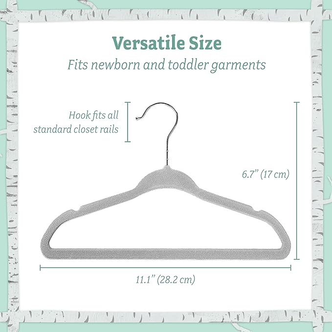 Baby Nest Designs Kids Plastic Velvet Hangers for Closet, Children Non-Slip Hangers Dividers for Nursery Closet Organizer, Grey - Pack of 15