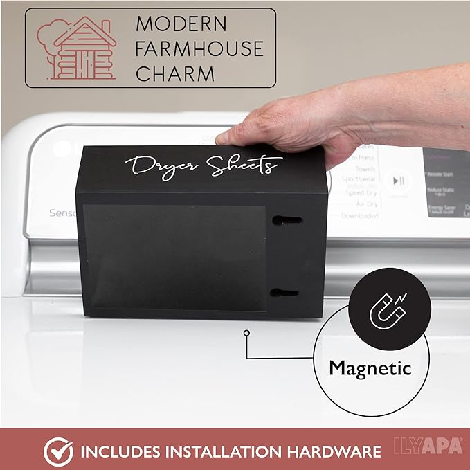 Ilyapa Magnetic Dryer Sheet Holder, Dryer Sheet Dispenser, Black Container, Wall Mounted Farmhouse Style Holder, Organizer for Laundry Room Storage Decor