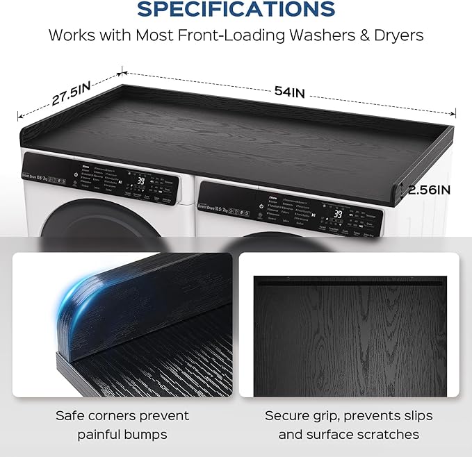 Washer Dryer Countertop, 27.5" x 54“ Wood Washer and Dryer Countertop with Edge Rails for Laundry Room Organization and Storage, Black