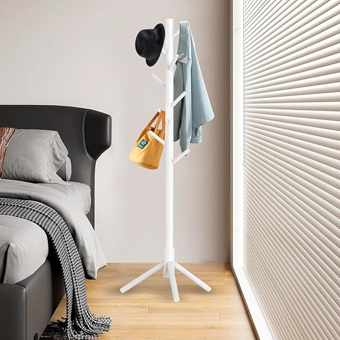 Wooden Coat Rack Stand, Freestanding Coat Rack with 8 Hooks, 3 Adjustable Size Coat Tree for Hats, Coats, Scarves bags, Coat Hanger Stand Used in Bedroom/Office/Entryway, 2 PCS (White)