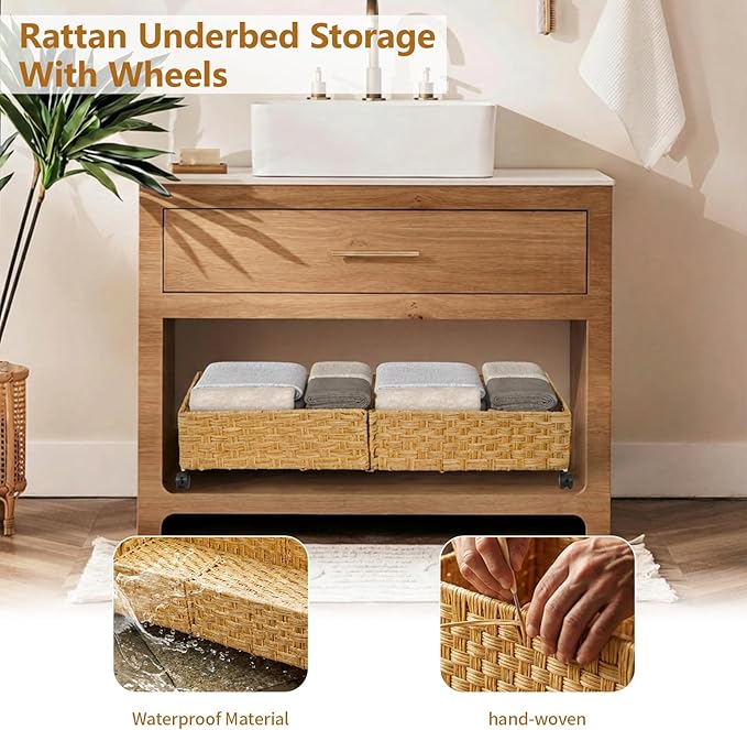 Under Bed Storage with Wheels, 31.5In/40L Large Rolling Underbed Storage Organizer Drawers Bins, Rattan Under the Bed Storage Containers with Handles, Space Saving Design for Clothes,Shoes,Books
