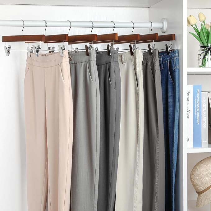 TOPIA HANGER Lotus Wood Pants Hangers, Walnut Wooden Skirt Short Jeans Trouser Hanger with Smooth Surface 360° Swivel Hook Anti Rust 2 Adjustable Clips, 10 Pack CT10PWA