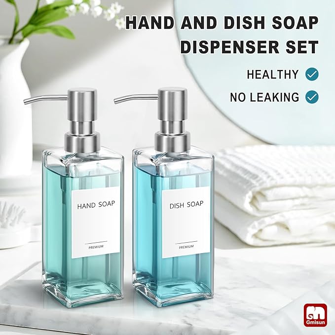 GMISUN Glass Soap Dispenser with Stainless Steel Pump, Clear Hand Soap Dispenser for Bathroom, 12 fl oz/350ml Hand and Dish Soap Dispensers Set for Kitchen, Refillable Liquid Soap and Lotion Bottle