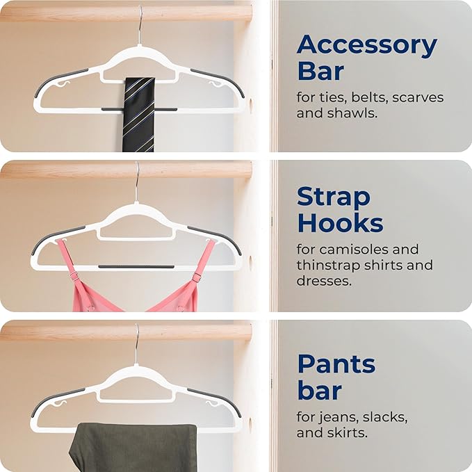 SereneLife Plastic Clothes Hangers, 30-Pack Hanger Set with Non-Slip Rubber Pads and 360° Swivel Metal Hook, Durable White Hangers for Shirts, Pants, Dresses, Space-Saving Closet Organizer