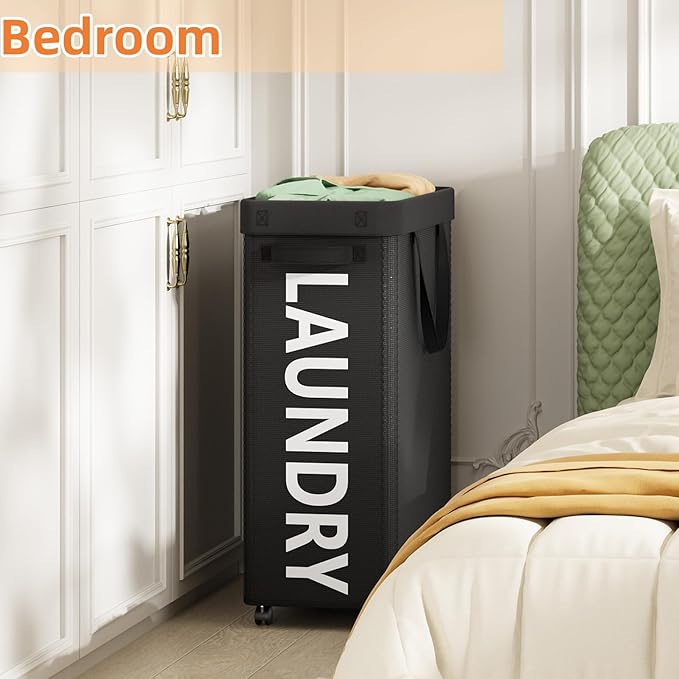 2 Pack Laundry Basket with Wheels, 90L Rolling Laundry Hamper with Wheels, Large Clothes Hamper on Wheel with Removable Mesh Bag for Bedroom, Dorm, Black