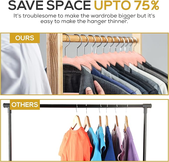 50 Pack New Premium Quality Velvet Hangers Ultra Thin Non Slip Adult Felt Space Saving Hangers for Closet Heavy Duty Coat Pants Jackets Dress Hangers 360° Swivel Hook Hold Upto 10lbs Rose Gold