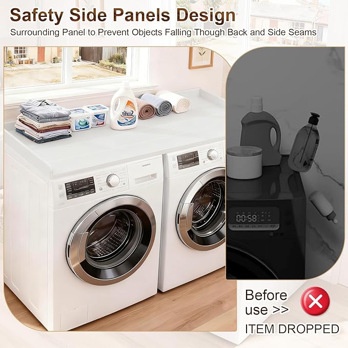 Washer Dryer Countertop, HDPE Laundry Countertop with Edge Rails, No-Installation-White
