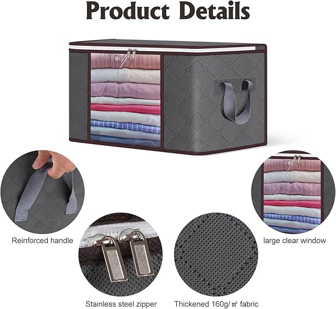 90L Large Storage Bags,6 Pack Foldable Clothes Storage Bins,Closet Organizers Storage Containers Durable Handle Thick Fabric For Bedding,Clothing, Blanket, Pillows and Toys,Grey
