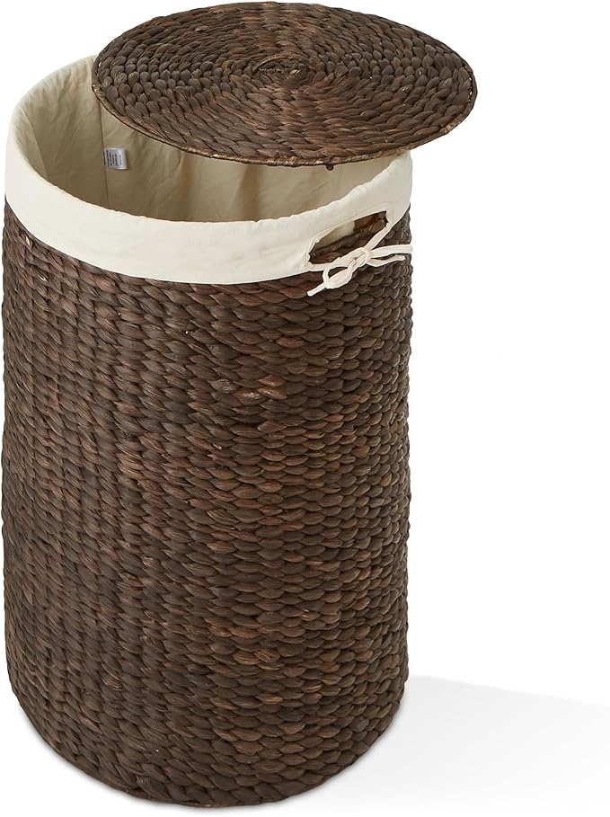 Casafield Round Laundry Hamper with Lid and Removable Liner Bag - Espresso Dark Brown, Woven Water Hyacinth Wicker Laundry Basket for Clothes, Towels