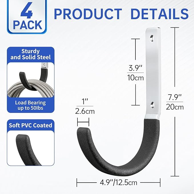 Heavy Duty Steel Garage Hooks,Garage Storage Utility Hooks,Heavy Duty Garage Garden Tool Organizer,Steel Wall Mount Hooks, Garden Hose Hanger, Black U Hooks (Dark Brown-4PC)