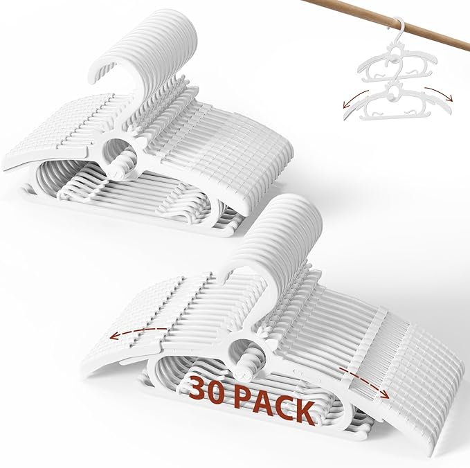 Kids Hangers 30PCS, 11"-14" Extendable and Stackable Baby Hangers, 45g Ultra-Thick Space Saving Non-Slip Plastic Hanger for Infant, Toddler and Nursery Closet, White
