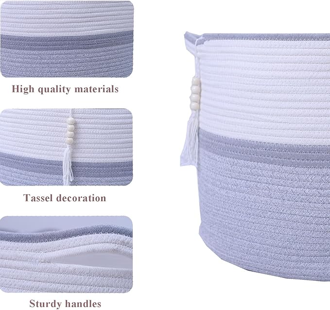Large Woven Rope Laundry Hamper, Cotton Rope Storage Basket with Handles, Multipurpose Storage Basket for Laundry, Toys, Blankets in Bedroom, Bathroom, Living Room - Stylish & Durable (Grey, 55L)