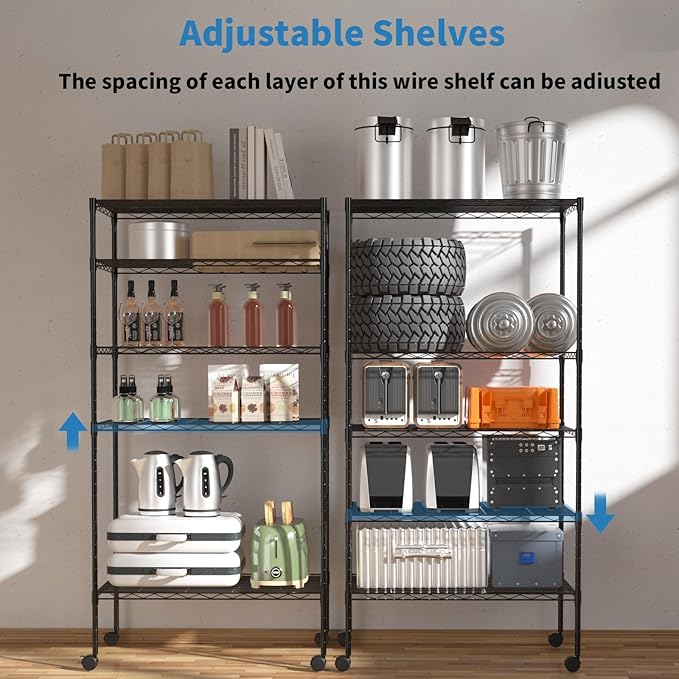 YRLLENSDAN 5-Tier Heavy Duty Storage Shelving Unit, Metal Shelves for Garage, Pantry, Kitchen Organization – Adjustable Wire Rack Shelf Organizer, 60"x30"x14", 1250lbs, Black