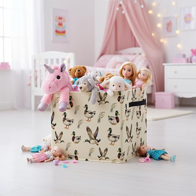 Mallard Duck Nursery Storage Bin Box with Handles, Countryside Flying Mallard Duck Foldable Baskets Organizer for Kids Room Bedroom Bathroom Clothes Toys Books, Toybox for Boys