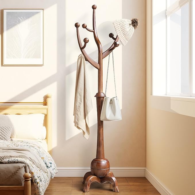 Wooden Coat Rack Freestanding with 8 Hooks, Heavy Duty Coat Hanger Stand with Stable Base, Vintage Coat Tree Standing Coat Racks for Entryway, Hallway, Bedroom (Walnut)