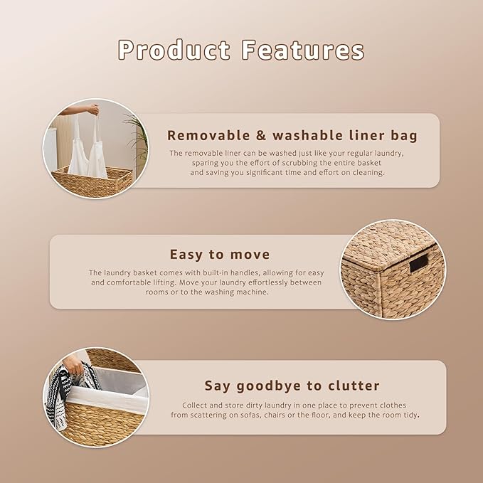 Handwoven Laundry Hamper with Lid, Natural Hyacinth Heightened Feet Laundry Basket, Wicker Clothes Hamper with Removable Liner Bag (Natural-A, 120L)