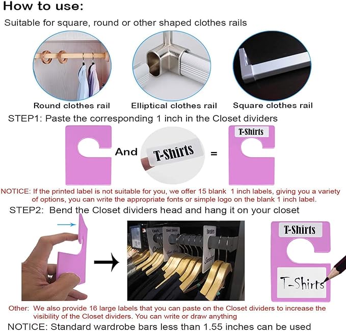 10 Pack White Clothing Rack Size Dividers Plus 45 Labels (1 Inch) and 18 Large Blank Labels, Large Rectangular Clothing Closet Dividers (Purple)