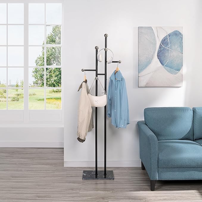 Coat Rack Freestanding with Marble Base, Heavy Duty Metal Clothes Rack, Corner Coat Tree Hat Rack for Entryway Bedroom Living Room Hotel 14.96 x 10.24 x 68.9 Inches (Black)