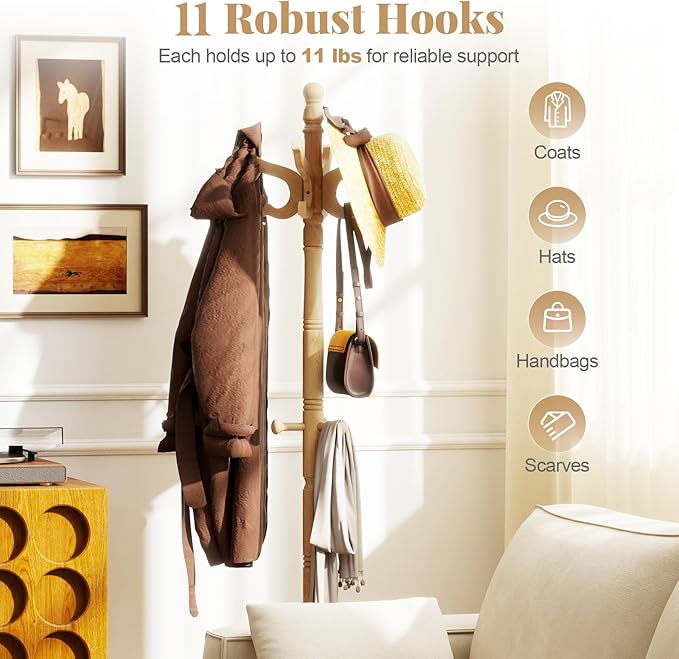 Tangkula Coat Rack Freestanding, Solid Rubber Wood Coat Tree with 11 Hooks and 3 Height Options for Coats, Hats, Bags, Purses, Clothes, Hanger Stand for Entryway Hallway Bedroom Office (Natural)