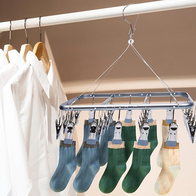 Aluminum Alloy Clothes Drying Hanger with 26 Clips, for Drying Socks, Baby Clothes, Bras, Towel, Underwear, Hat, Scarf,Gloves and Small Items，Matte Grey