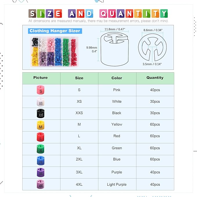 Glarks 420Pcs 9 Colors『XXS - 4XL』Colored Hanger Sizer Garment Size Markers Color Coded Size Clips Assortment Set Fit for 2-4mm Hanger Hook Used for Wire Hangers