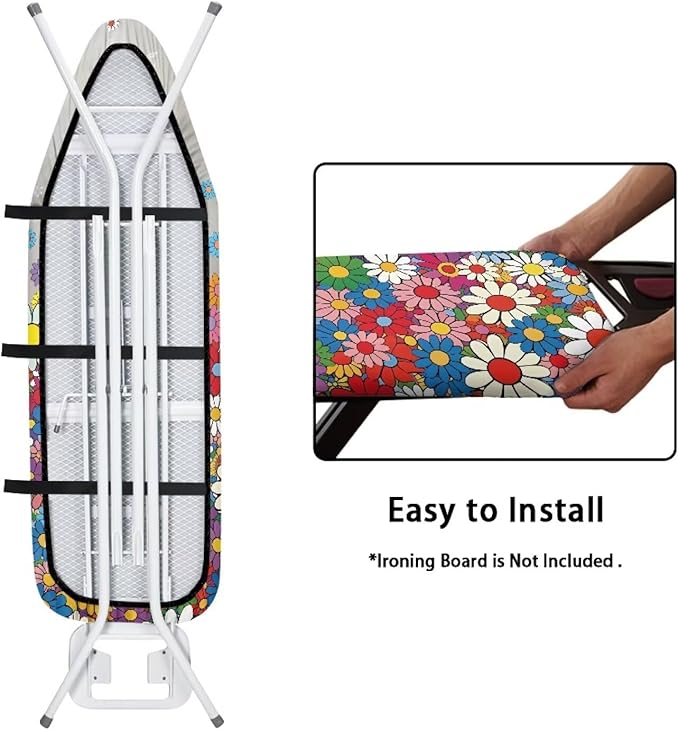 Hippie Flowers Print Marble Heat & Stain Resistant Ironing Board Cloth, Easy-Fit Iron Cover with Fasteners Elastic Edge Adjustable Fastener Straps for Ironing Board Decor