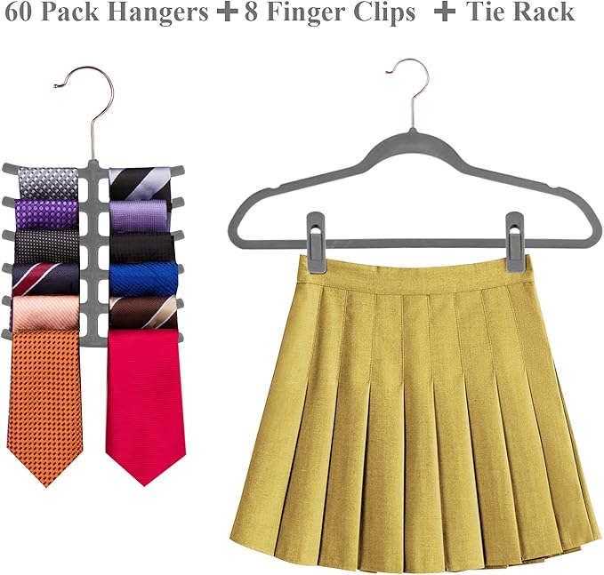 VECELO Premium Velvet Suit Heavy Duty-Non Slip & Space-Saving Clothes Hangers with 8 Finger Clips and Tie Rack for Men and Women (60 Pack), Gray